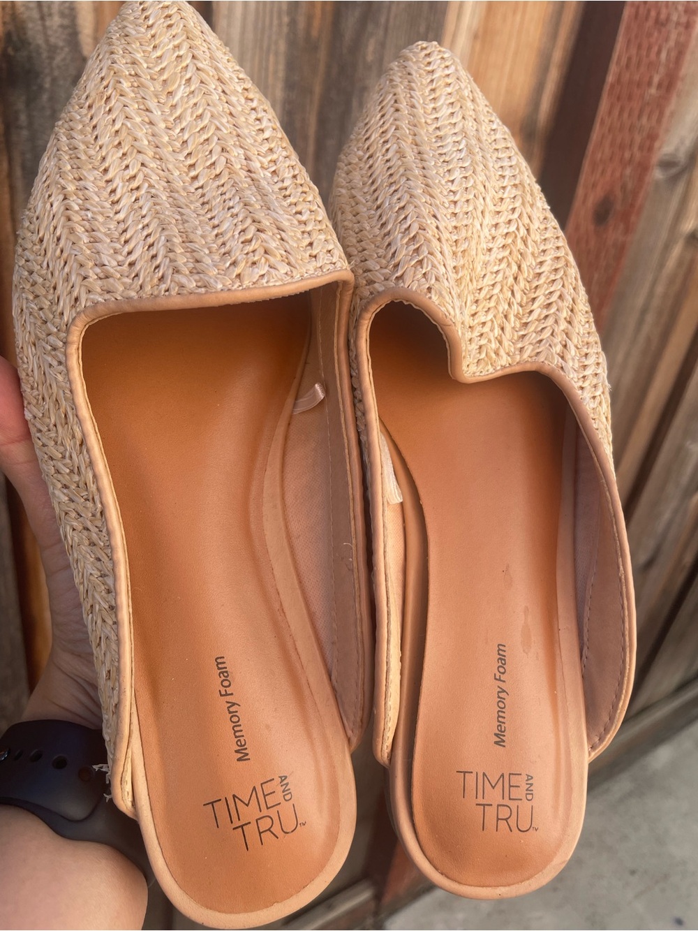 Time and Tru Cream Woven Pointed Slip-On Mules